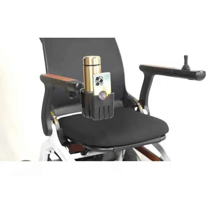 Robooter E40/E60 cup and phone holder fitted to a chair armrest with a phone and travel cup